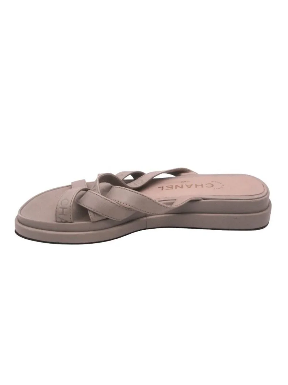 Chanel Sandals Leather Logo Cross Belt Strap Shoes Gray Green